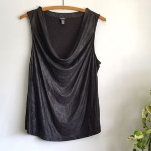 Black faux leather deep cowl top Med